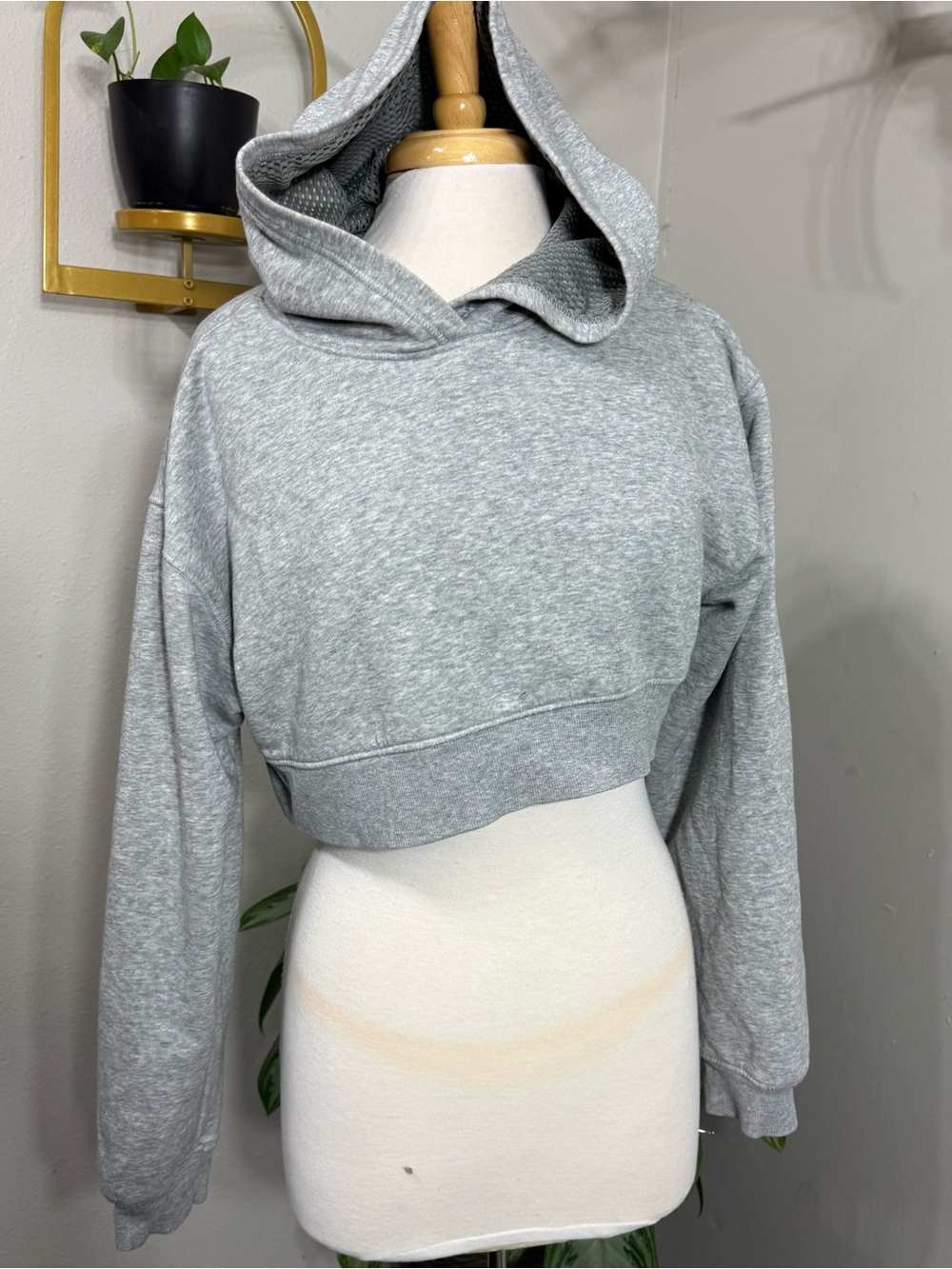 Free People Movement Gray Cropped Hoodie Small Mesh Lined Oversized Sweatshirt